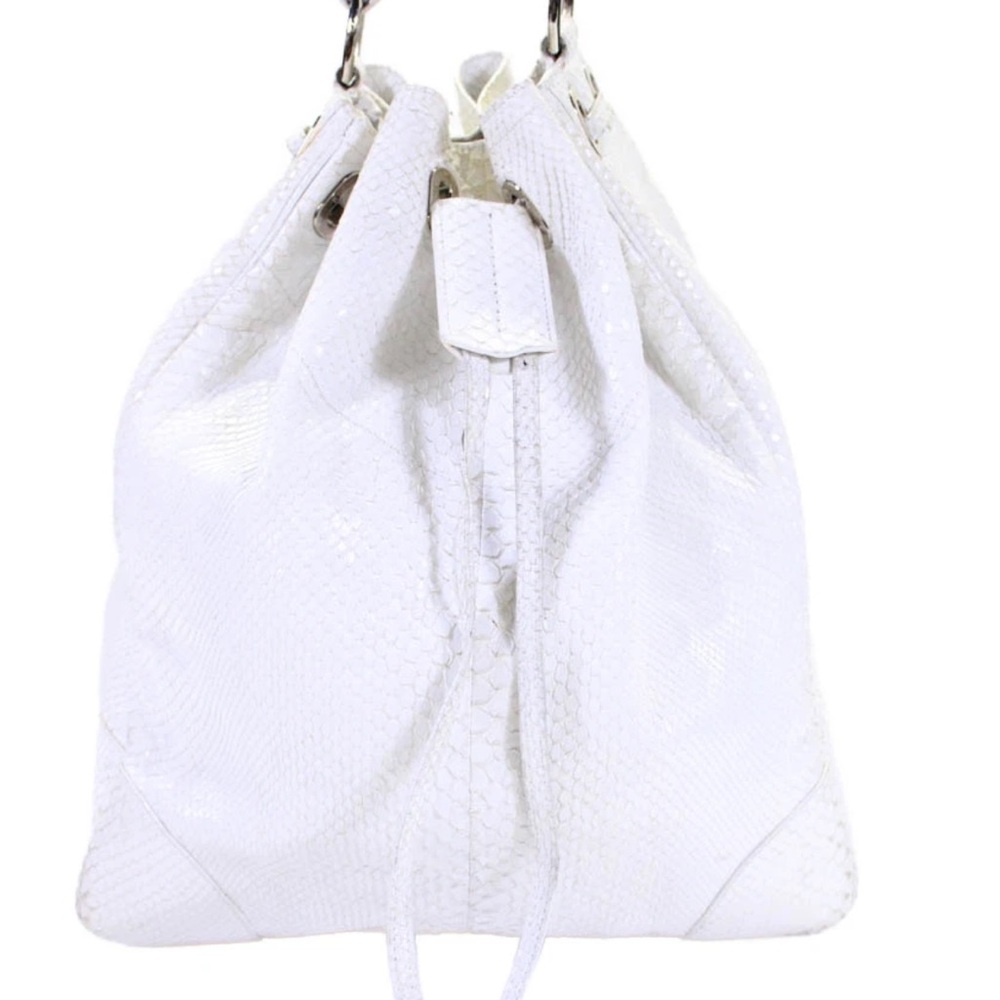 Ralph Lauren Black Label Womens Large Drawstring Snakeskin Bucket Handbag White